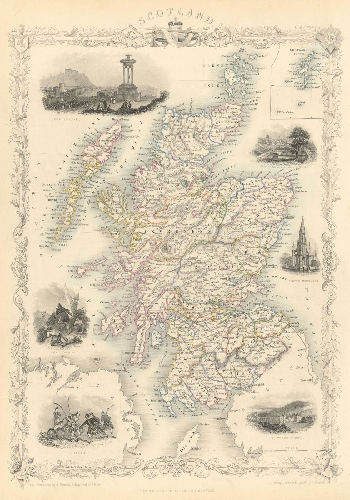 SCOTLAND Edinburgh, Holyrood & Shinty views. Counties. TALLIS & RAPKIN 1851 map